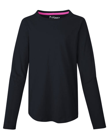 Hanes Girls` V-Notch Shirttail Long-Sleeve Crewneck T-Shirt
