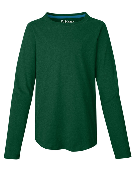 Hanes Girls` V-Notch Shirttail Long-Sleeve Crewneck T-Shirt