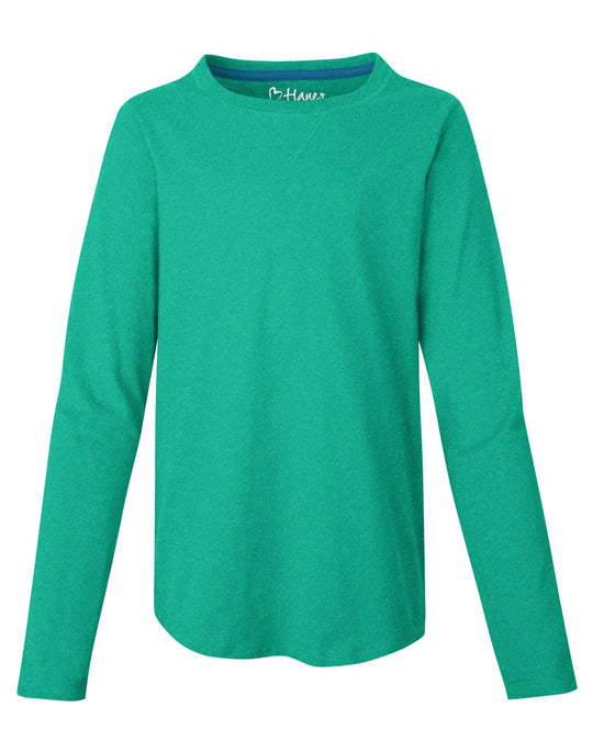 Hanes Girls` V-Notch Shirttail Long-Sleeve Crewneck T-Shirt