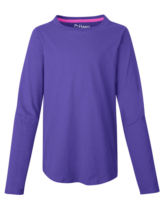 Hanes Girls` V-Notch Shirttail Long-Sleeve Crewneck T-Shirt