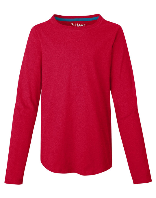 Hanes Girls` V-Notch Shirttail Long-Sleeve Crewneck T-Shirt