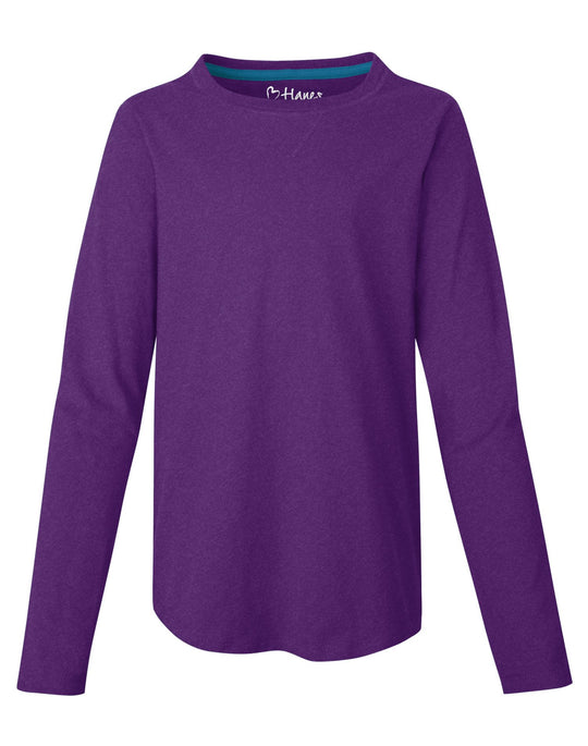 Hanes Girls` V-Notch Shirttail Long-Sleeve Crewneck T-Shirt
