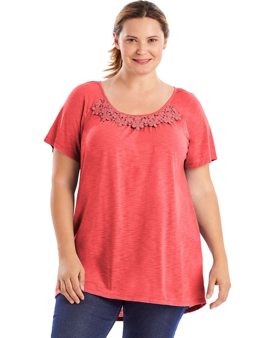Just My Size Womens Short-Sleeve Slub-Jersey Tunic with Crochet Trim