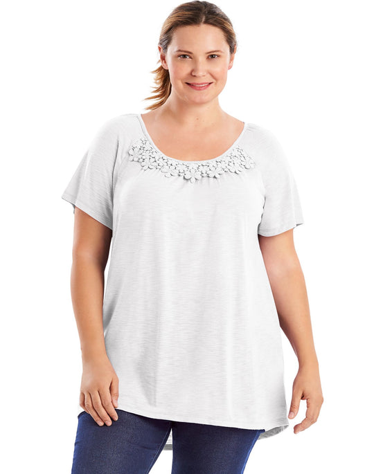 Just My Size Womens Short-Sleeve Slub-Jersey Tunic with Crochet Trim
