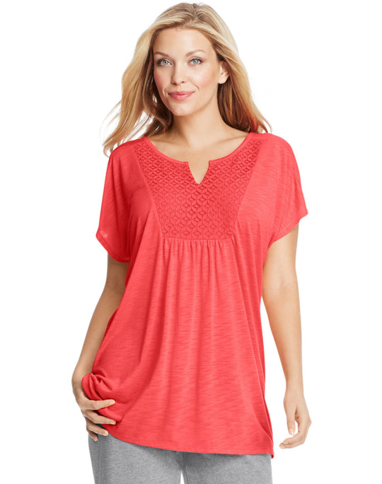 Just My Size Womens Short-Sleeve Slub-Jersey Tunic with Split V-Neck Crochet Bib Yoke
