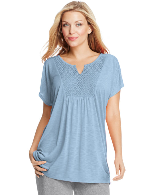 Just My Size Womens Short-Sleeve Slub-Jersey Tunic with Split V-Neck Crochet Bib Yoke