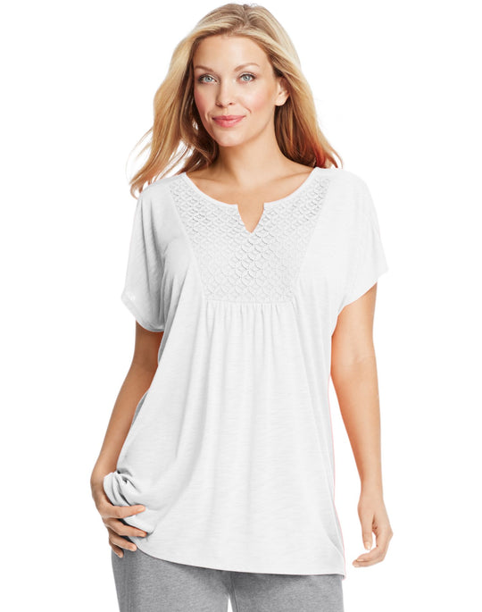 Just My Size Womens Short-Sleeve Slub-Jersey Tunic with Split V-Neck Crochet Bib Yoke