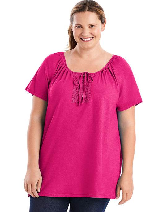 Just My Size Womens Short-Sleeve Slub-Textured Cotton Tunic with Crochet Trim & Tie