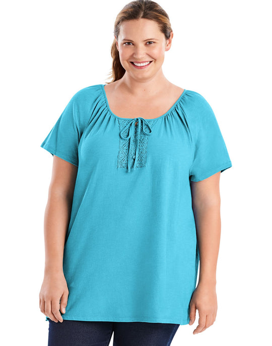 Just My Size Womens Short-Sleeve Slub-Textured Cotton Tunic with Crochet Trim & Tie