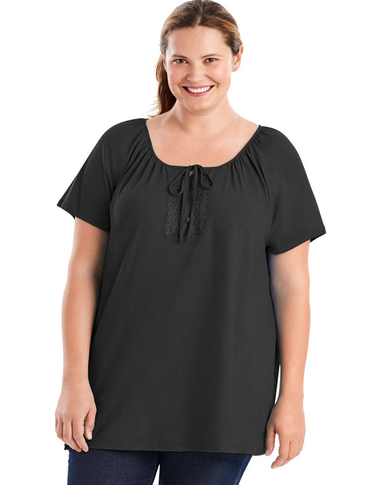 Just My Size Womens Short-Sleeve Slub-Textured Cotton Tunic with Crochet Trim & Tie