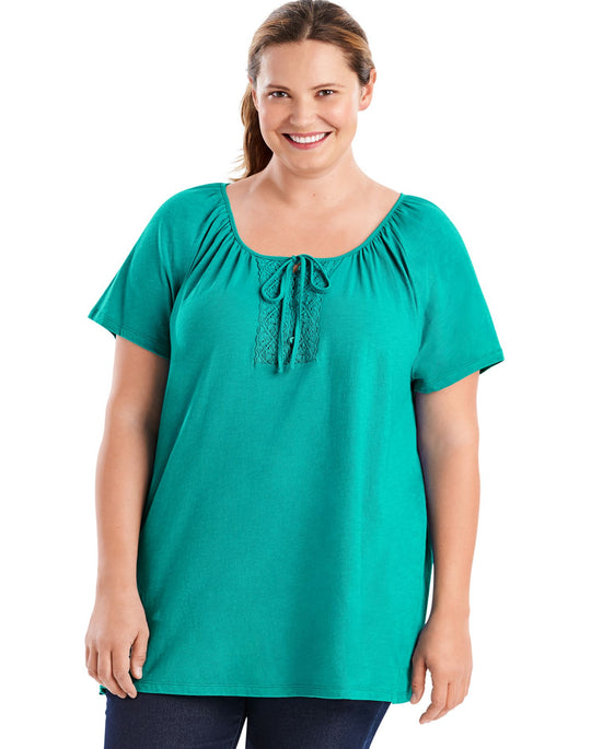 Just My Size Womens Short-Sleeve Slub-Textured Cotton Tunic with Crochet Trim & Tie