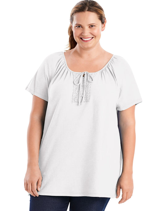 Just My Size Womens Short-Sleeve Slub-Textured Cotton Tunic with Crochet Trim & Tie