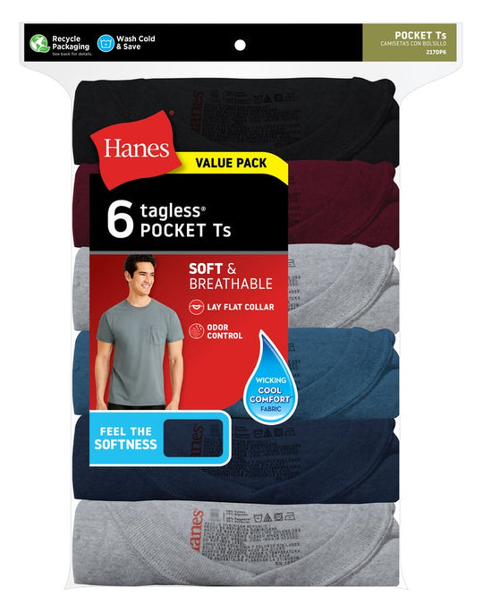 Hanes Men's Soft And Breathable Pocket Tee Assorted 6-Pack