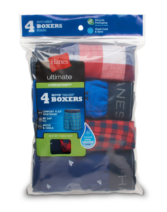 Hanes Ultimate® Boys' Woven Boxer Brief With ComfortSoft® Waistband 4-Pack