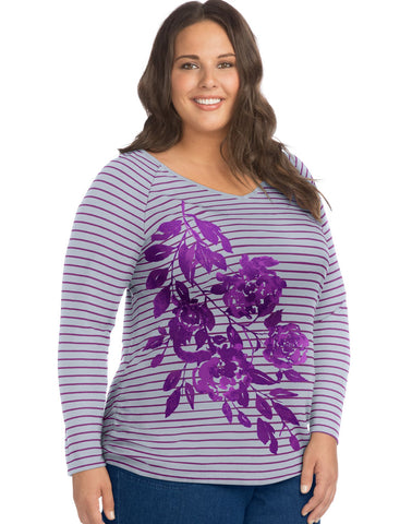 Just My Size Womens Soft Flower Mix Long Sleeve Side Shirred Graphic Tee