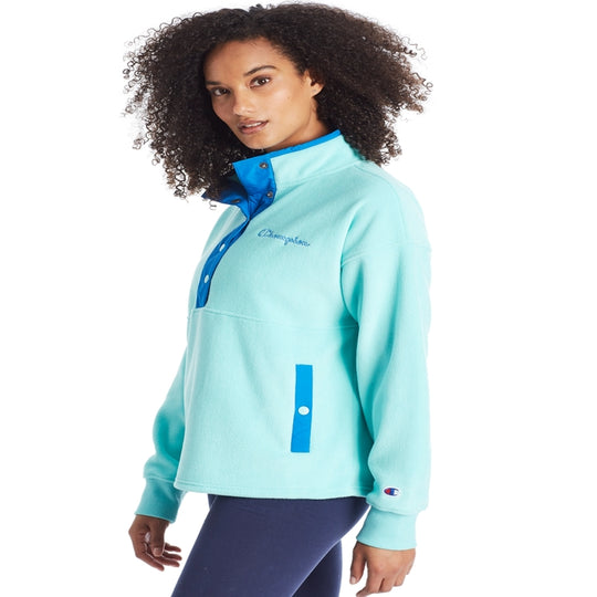 Champion Womens Explorer Fleece Snap Front Pullover, L, Athletic Navy