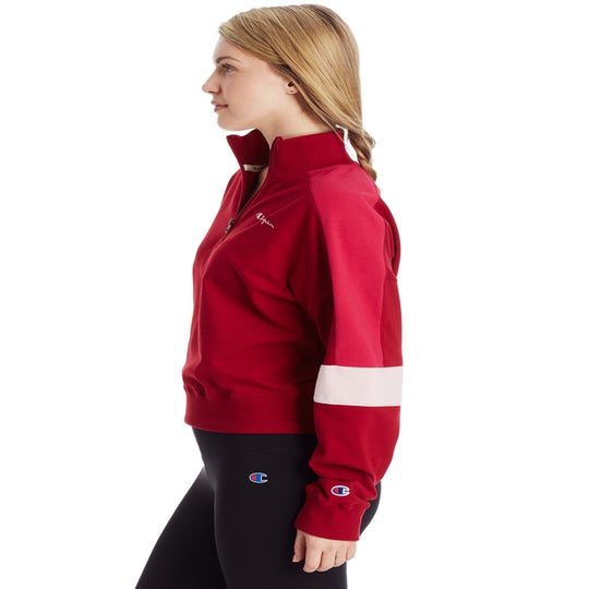 Champion Womens Campus French Terry Quater Zip With Taping, L, Black