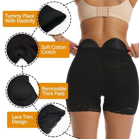 VASLANDA Padded Butt Lifter Body Shaper Tummy Control Panties High Waist Lace Boyshort ASS Pad Shorts Hip Enhancer Shapewear