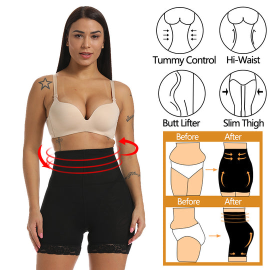 VASLANDA Padded Butt Lifter Body Shaper Tummy Control Panties High Waist Lace Boyshort ASS Pad Shorts Hip Enhancer Shapewear