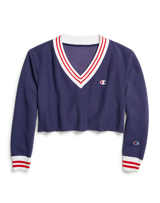 Champion Life Womens Reverse Weave Yarn Dye Rib Cropped Cut Off V-Neck