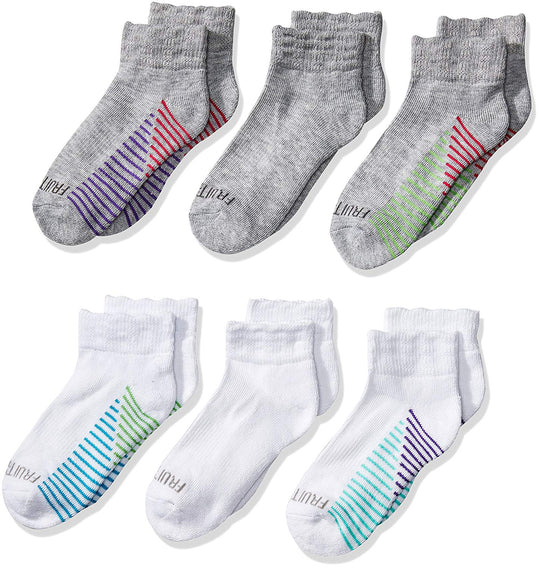 Fruit of the Loom Girls Cushioned Ankle Socks with Arch Support 6 Pair