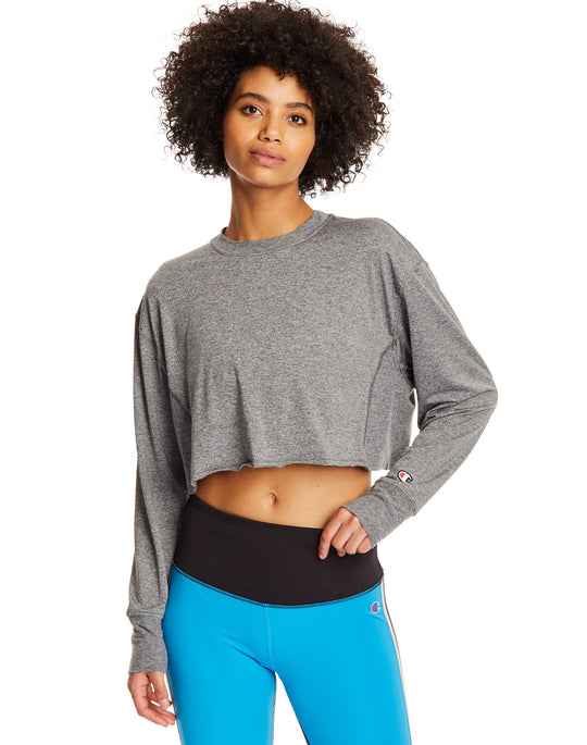 Champion Womens Long-Sleeve Cropped Crew Tee, L, Black