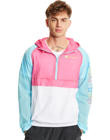 Champion Life Mens Colorblock Manorak, L, Blue Horizon/Reef Pink/White