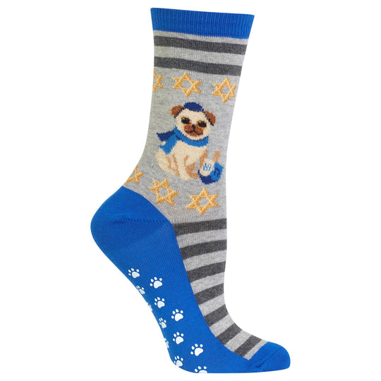 Hot Sox Womens Hanukkah Pug Non Skid Crew Socks