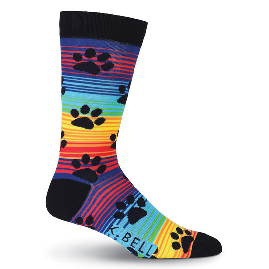 K. Bell Mens Rainbow Stripe Paw Prints Crew Socks