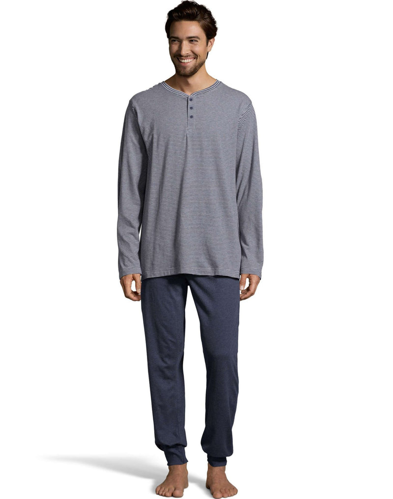 Hanes Mens 1901 Heritage Striped Henley Crewneck and Jogger Pant Lounge Set