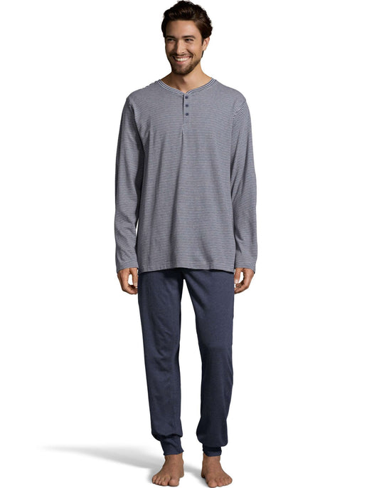 Hanes Mens 1901 Heritage Striped Henley Crewneck and Jogger Pant Lounge Set