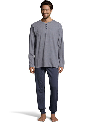 Hanes Mens 1901 Heritage Striped Henley Crewneck and Jogger Pant Lounge Set