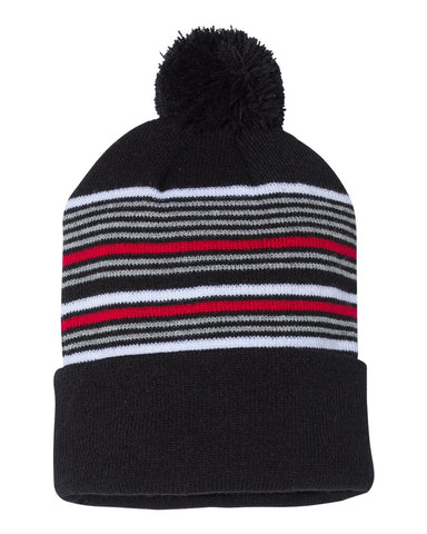 Sportsman 12 Striped Pom-Pom Knit Beanie, One Size, Royal/White/Grey