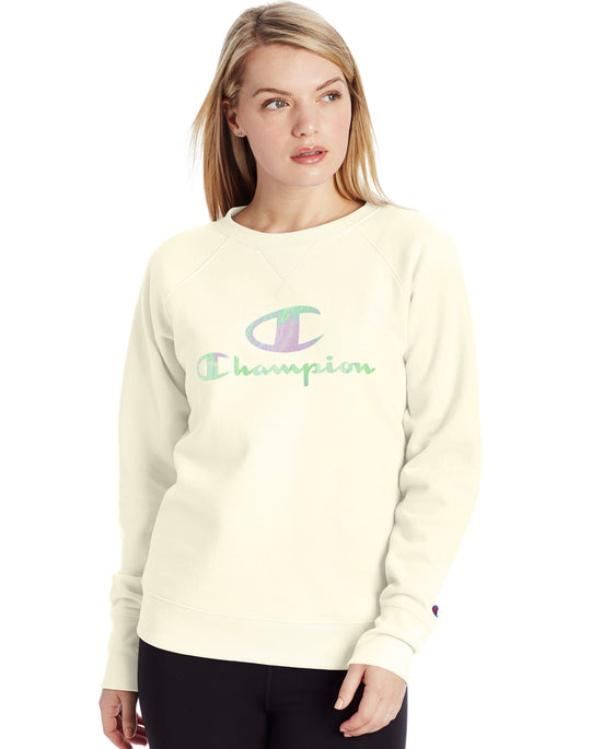 Champion Womens Powerblend Fleece Boyfriend Crew, XXL, Chalk White