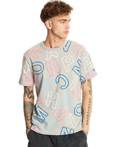 Champion Life Mens Short Sleeve Heritage Tee, S, Oxford Grey/Word Soup