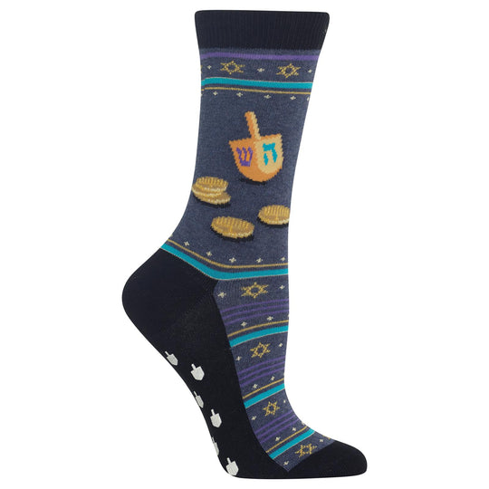 Hot Sox Womens Dreidel and Gelt Non Skid Crew Socks