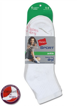 Hanes All Day Dry Cushioned Women's Ankle Athletic Socks 6 Pairs