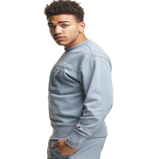 Champion Life Mens Reverse Weave French Terry Crew with Mesh Pocket, L, Mindful