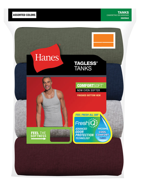 Hanes Mens FreshIQ ComfortSoft Dyed Assorted Tank Undershirt 2XL 4-Pack