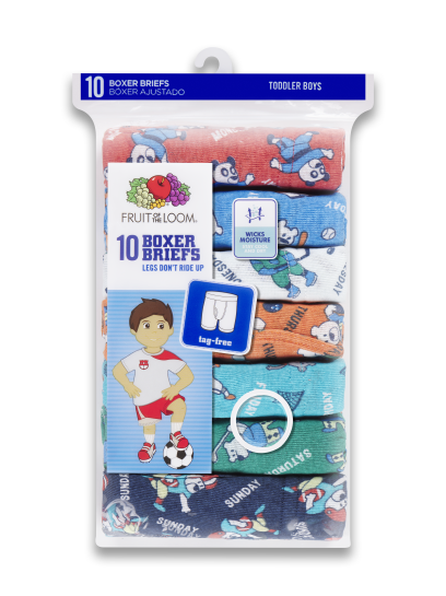 Fruit Of The Loom Toddler Boys Foldover Print Solid Boxer Briefs 10 Pack, 2T/3T