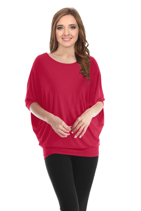 Womens Solid Bamboo Comfortable Loose Fit Dolman Batwing Sleeve Top - USA