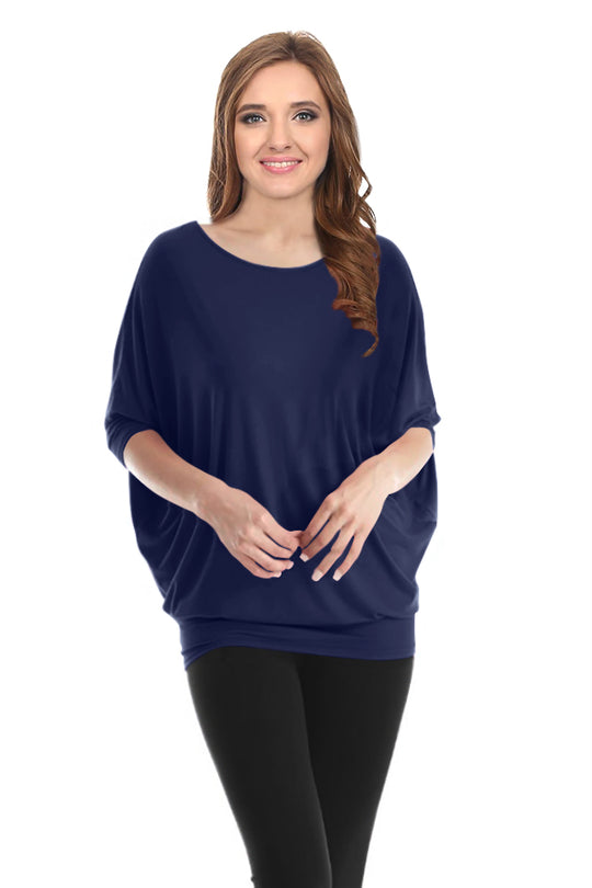 Womens Solid Bamboo Comfortable Loose Fit Dolman Batwing Sleeve Top - USA