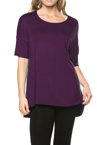 Women's Short Sleeve Rayon Span High Low Loose Fit Tunic Top - Made in USA