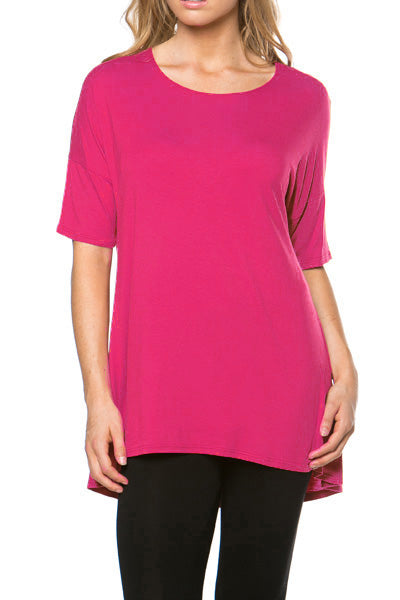 Women's Short Sleeve Rayon Span High Low Loose Fit Tunic Top - Made in USA