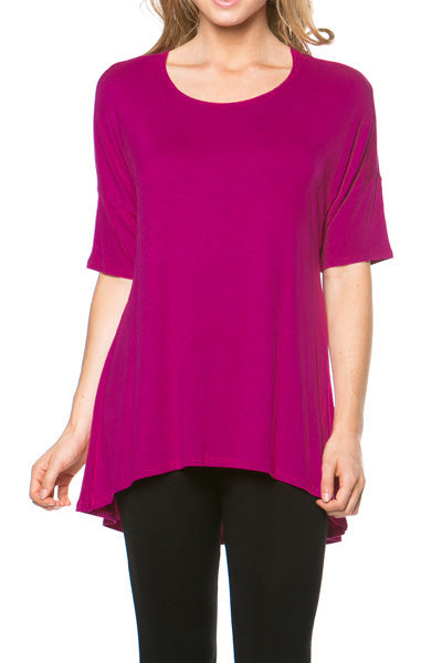 Women's Short Sleeve Rayon Span High Low Loose Fit Tunic Top - Made in USA