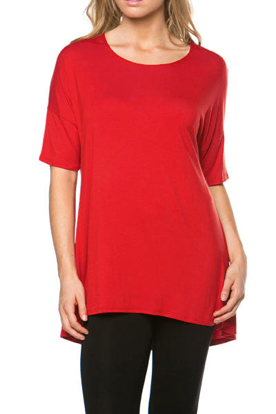 Women's Short Sleeve Rayon Span High Low Loose Fit Tunic Top - Made in USA