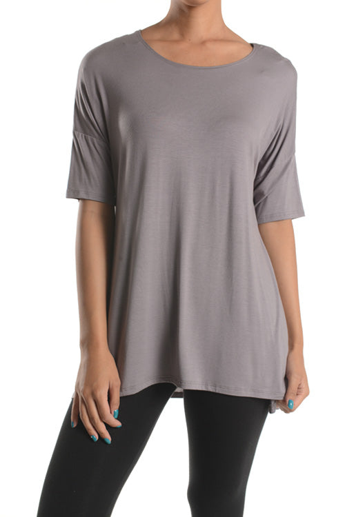 Women's Short Sleeve Rayon Span High Low Loose Fit Tunic Top - Made in USA