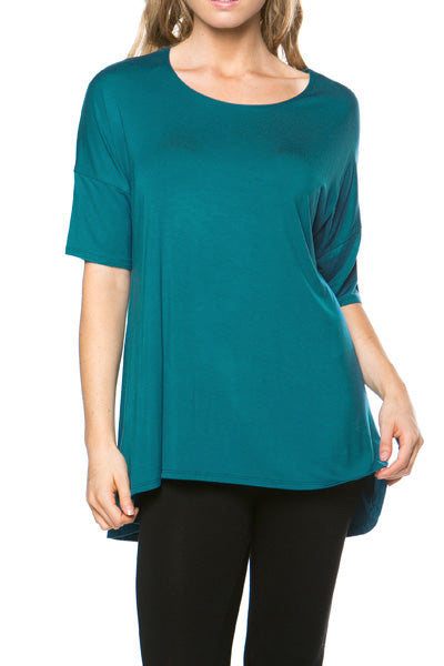 Women's Short Sleeve Rayon Span High Low Loose Fit Tunic Top - Made in USA