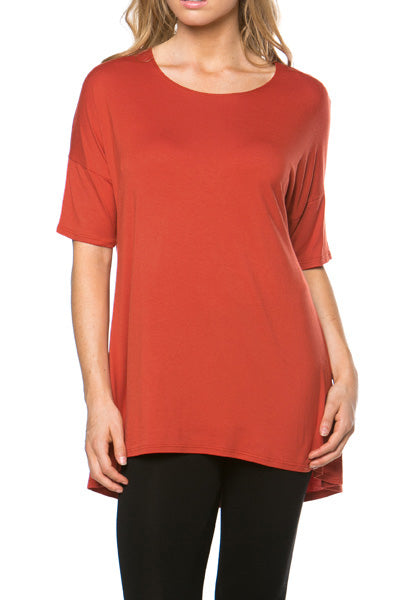 Women's Short Sleeve Rayon Span High Low Loose Fit Tunic Top - Made in USA