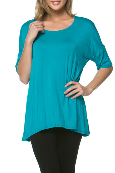 Women's Short Sleeve Rayon Span High Low Loose Fit Tunic Top - Made in USA